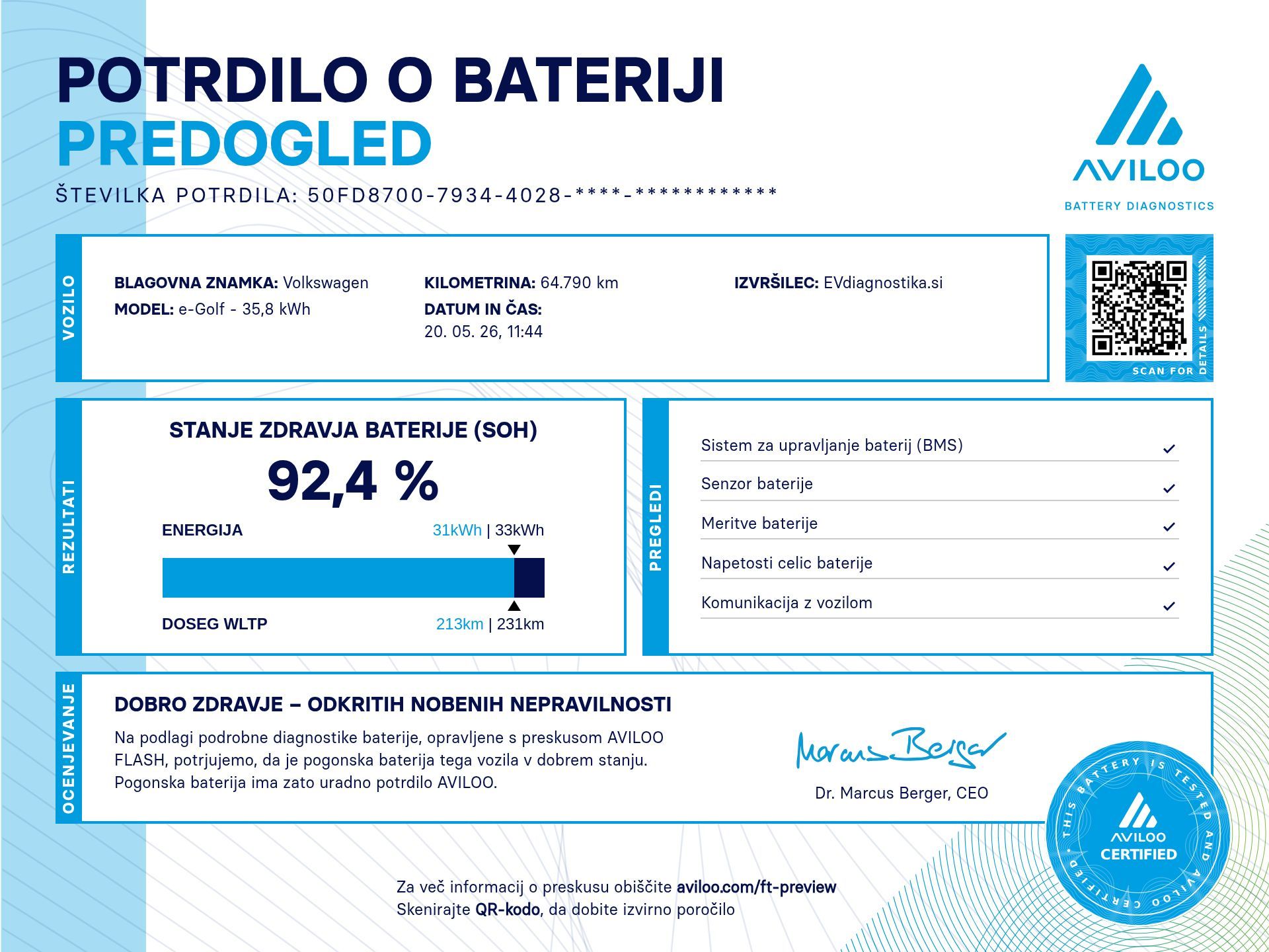 Certifikat Stanja Baterije